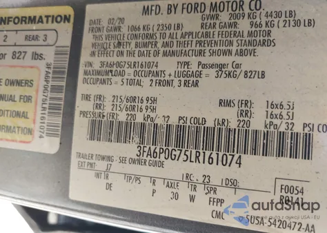 2020 Ford Fusion S из США, поврежденный, VIN 3FA6P0G75LR161074